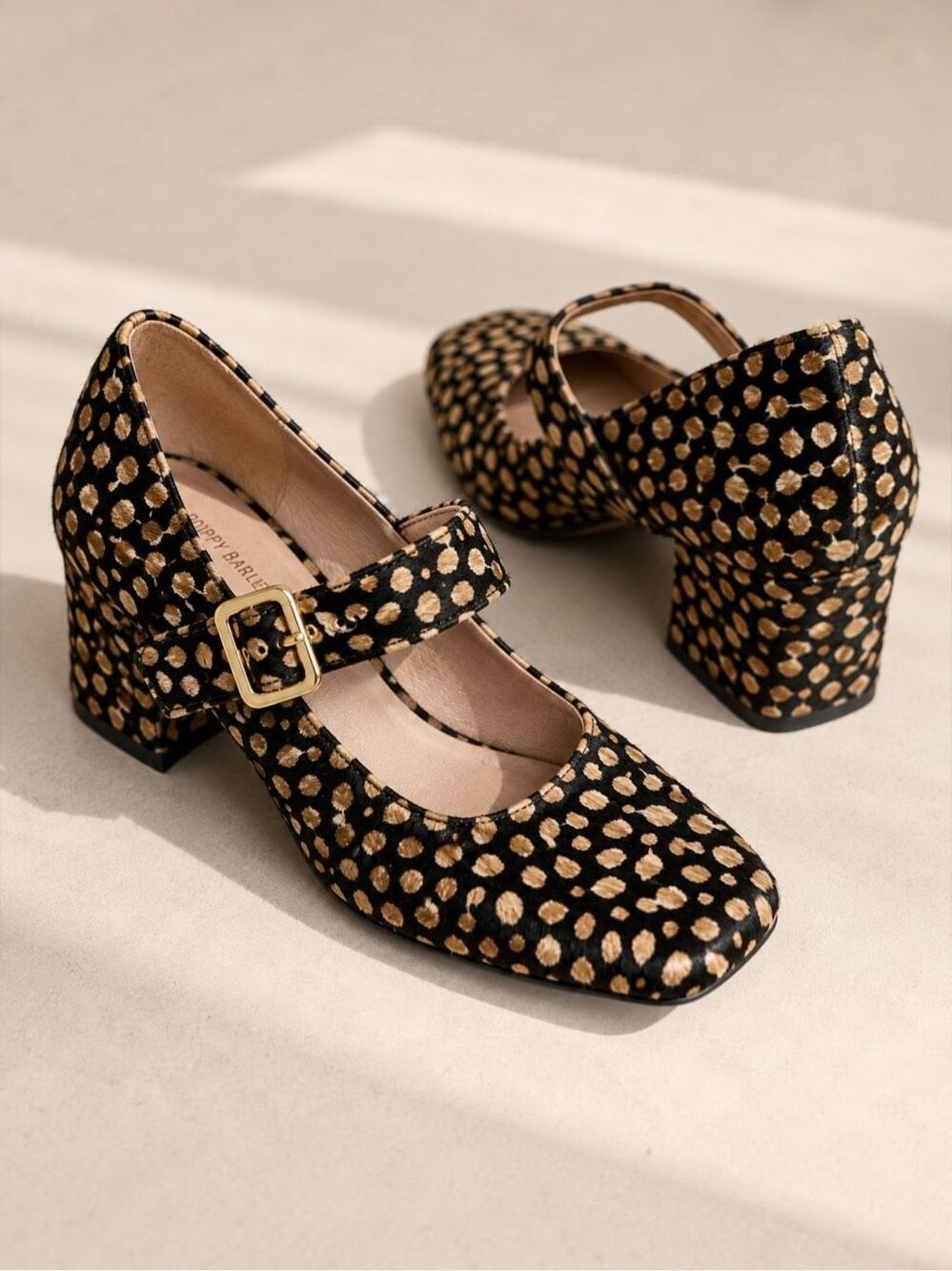 Poppy Barley Calf Hair Mary Jane Block Heel Pumps Spotted Leather 9.5